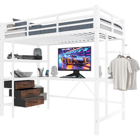 Lit mezzanine 90x200 cm avec bureau, LED, prises USB, 3 tiroirs, étagères, barre de rangement, échelle et garde-corps, blanc métal et MDF - CHICFURN (1/5)