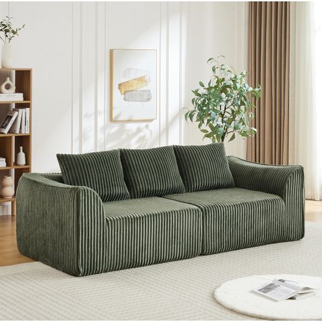 Canapé modulaire en velours côtelé vert 235 cm, lignes courbes, dossier incliné, sans montage, avec 2 coussins (1/5)