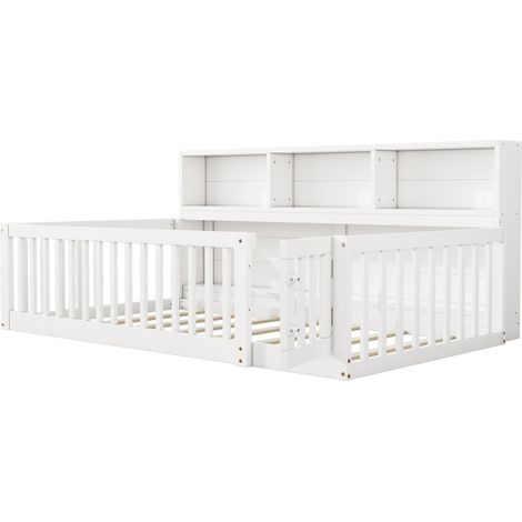 Cama diván 90 x 200 cm de pino y MDF blanco con barreras, almacenaje lateral y somier (1/5)