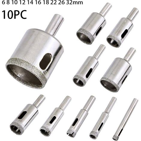 10-teiliges Diamant-Glasbohrer-Set, verschiedene Bohrer-Sets für Glas, Marmor, Fliesen, kompatibel, 6–32 mm