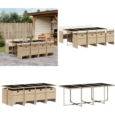 9-tlg. Garten-Essgruppe mit Kissen Beige Poly Rattan - Gartenmöbel Set - Esstisch - Gartenstühle - Outdoor Möbel - Rattan Gartenmöbel - Home & Living