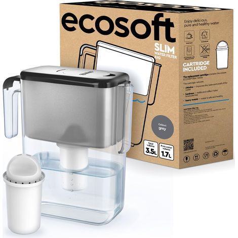 Ecosoft Slim Caraffa Filtrante – Colore Grigio, Capacità 3,5 L, Riduce Cloro e Calcare, Design Compatto per il Frigo, Filtro Incluso (1/5)