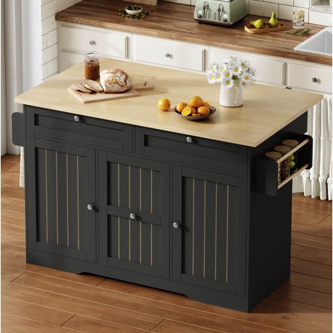 Isola cucina mobile 120x70(45+25)x92 cm con piano ribaltabile, contenitori e ruote con freno, MDF nero (1/5)