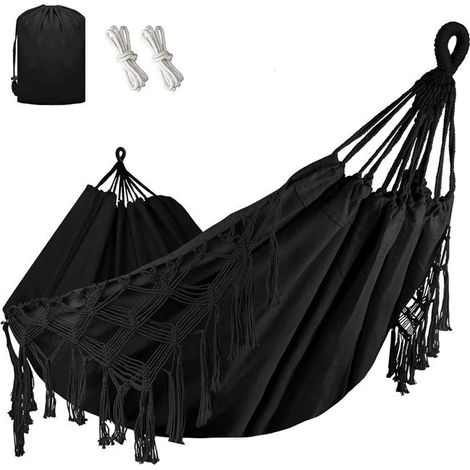 Green Mobility-Hamac d'extérieur bohème à pompons, double hamac en toile durable pour la maison, l'extérieur, le jardin, la plage, Noir (1/5)