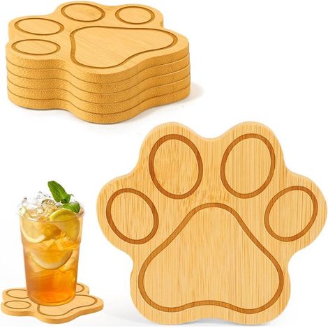 Sous-verres en bois en forme de patte de chien – Lot de 6 – Résistants à la chaleur et à l'eau – Pour verres et tasses (1/5)