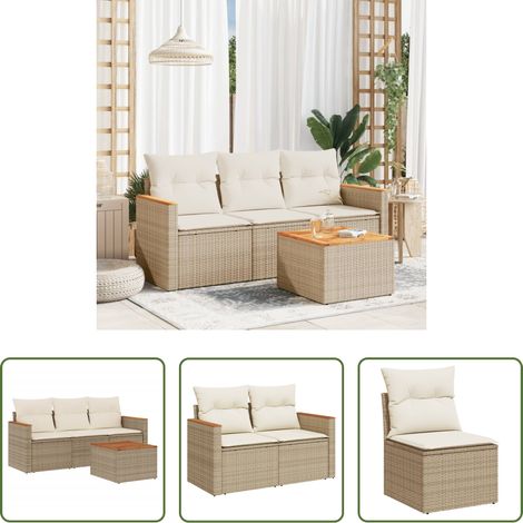 vidaXL Rattanmöbel - 4-tlg. Garten-Sofagarnitur mit Kissen Beige Poly Rattan (1/5)