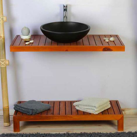 Ensemble meuble vasque miroir et banc japonais salle de bain Gempo 100 cm en bois teck naturel Taille - Meuble Seul (1/5)