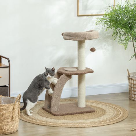 Árbol para Gatos Altura 88 cm Torre para Gatos con Nido Plataformas Bola Colgante Escalera y Poste de Sisal Café (1/5)