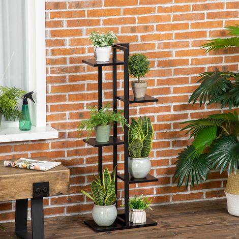 Étagère de rangement noire en métal 5 étagères 40x22x113cm, présentoir à plantes pour jardin, balcon ou salon, usage intérieur et extérieur.