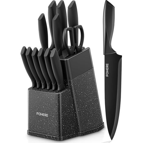 13 Piece Knife Block with Built-in Sharpener, Stainless Steel, Knife Set with PP Handle, with Plastic Knife Block, Black Granite (1/5)