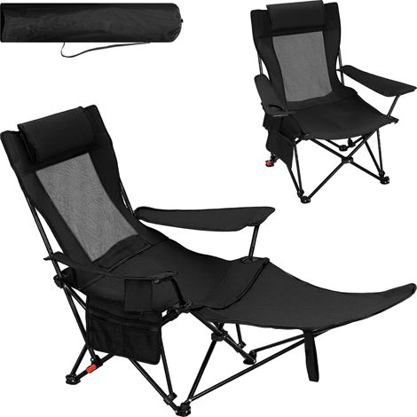 WOLTU Juego de 1 silla plegable de pesca con portavasos, bolsillo lateral y reposapiés para camping, pesca y playa, color negro