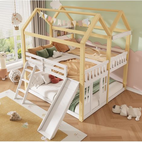 Lit mezzanine enfant 279.5x205x226 cm blanc et naturel en bois avec toboggan et échelle réversibles (1/5)