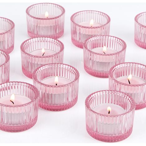 Lot de 12 photophores en verre pour bougies chauffe-plat, pour dîner, mariage, fête, Noël, salon, cadeaux - Rose (1/5)