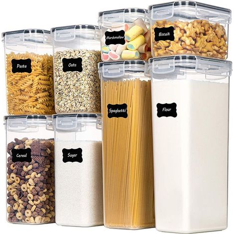 Ensemble de 8 boîtes de conservation hermétiques avec couvercles - Bocaux de rangement - Boîtes de conservation pour céréales en plastique - Bocaux de cuisine - Bocaux hermétiques anti-fuites - Ensemb (1/5)
