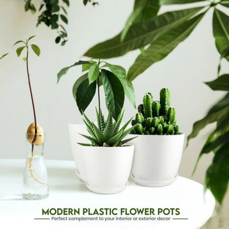 Lot de 5 pots de fleurs, plastique PP, avec soucoupes, tailles variées, pour intérieur et extérieur (1/5)