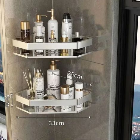 (Double Argent) Étagère d'angle sans perçage pour salle de bain, étagères murales de douche, support en aluminium, accessoire de rangement pour salle de bain et cuisine (1/5)