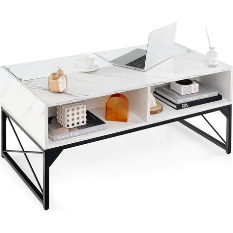 COSTWAY Tavolino da Salotto, Tavolino da Caffè da in Vetro e Legno con Luce LED Multicolore Regolabile a Telecomando e Ripiani, Tavolino per Soggiorno e Ufficio, 105 x 55 x 50 cm (Bianco) (1/5)