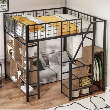 Hochbett (204x193x170 cm), mit Stauraumtreppe, eingebautem Stauraum, Metall und Holz, Schwarz (1/5)