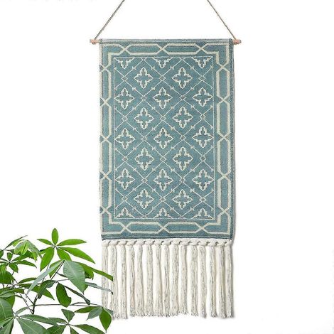 Décoration murale bohème style fait main en coton avec pompon et barre en cuivre (1/5)