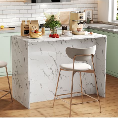 Îlot de cuisine 120x60x90,5 cm blanc effet marbre avec 3 tiroirs, 3 portes et espace bar (1/5)