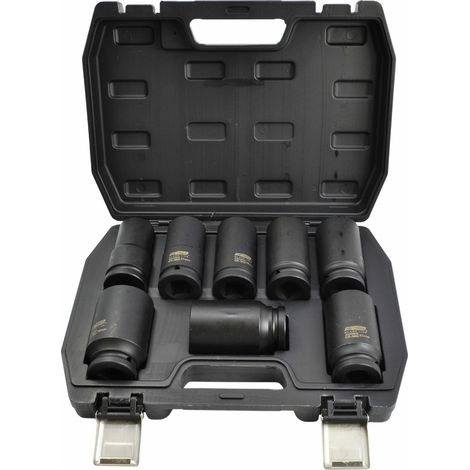 Juego de vasos de impacto largos 3/4" AWTOOLS, modelo 8 piezas, para uso profesional, acero CrMo resistente, estuche de transporte, línea Black Line duradera.