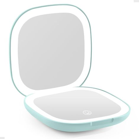 Espejo de viaje con aumento y luz LED: recargable, compacto, con brillo ajustable, espejo de maquillaje portátil para el bolso. (1/5)