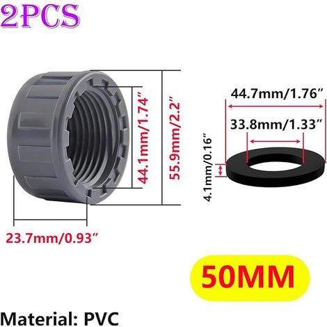 2 Pièces PVC Capuchon de Fermeture, 50mm Tuyau Capuchon, Bouchon Fileté, Bouchon en PVC pour Tuyau D'eau, avec Rondelle (1/5)