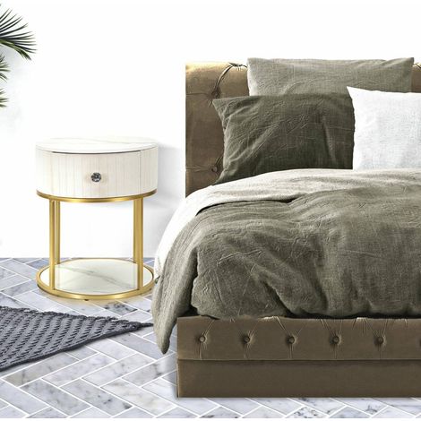Dmora - Mesa de noche Gerhard, Cómoda baja, Mesilla de noche, Estante de la cama, 42x42 h48 cm, Crema y Blanco (1/5)