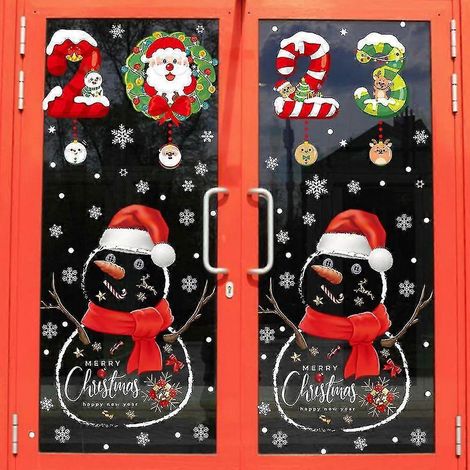 Adhesivos navideños para ventanas, calcomanías navideñas impresas a doble cara, decoraciones autoadhesivas para ventanas, Papá Noel, alce, muñeco de nieve, árbol de Navidad y nieve. (1/4)