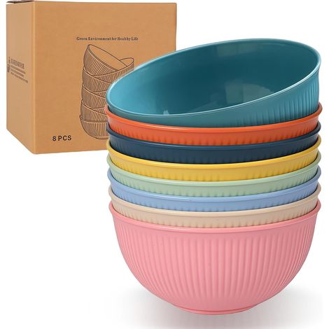 Lot de 8 bols à céréales en plastique incassable - Réutilisables - Saladiers - Bol à soupe - Passe au micro-ondes et au lave-vaisselle - 8 couleurs, 680 ml (1/5)