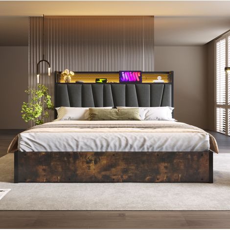 DESVIAE Lit double avec LED et ports USB tête de lit avec prises et rangement 180 x 200 cm gris structure en métal et lattes en bois (1/5)