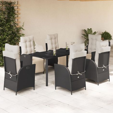 Salon de jardin 7 pièces avec 6 fauteuils inclinables en résine tressée noir et coussins - PANGIVO (1/5)