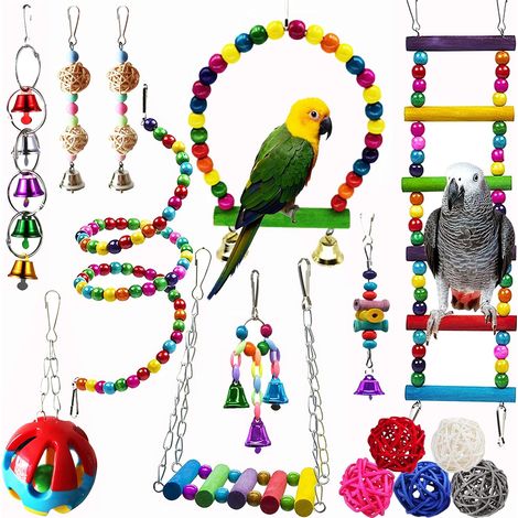 15 jouets pour oiseaux, jouets à mâcher, balançoire suspendue, échelles en bois, clochettes, balles en rotin, pour perruches et perroquets (1/5)