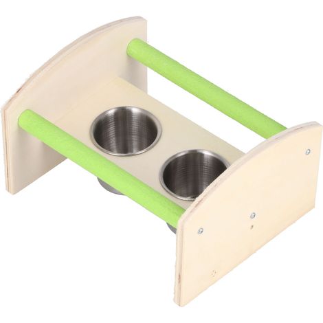 Support en bois pour perroquet avec 2 mangeoires en acier inoxydable, jouet d'entraînement pour le jardinage extérieur (1/5)