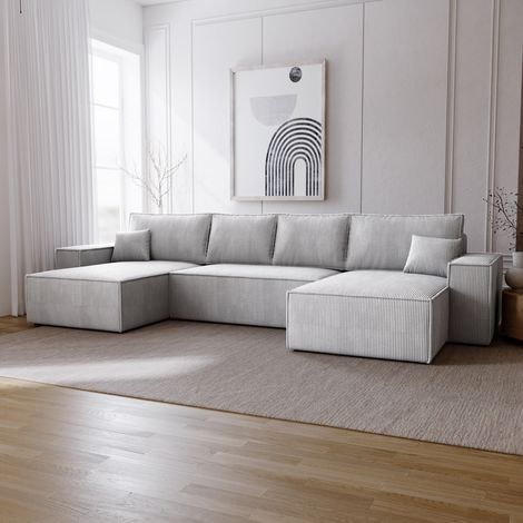 Emporius Canapé d'angle 6 places Bergamo U - canapé convertible 377 cm, velours côtelé - gris clair (1/5)