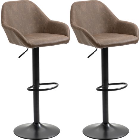 Bar Stools Set of 2, Height Adjustable Swivel Barstools, PU Leather Kitchen Stools with Backs, Armrests and Footrest for Home, Counter and Dining Room, Dark Brown