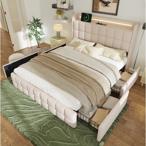 Lit double rembourré moderne 180x200 cm beige, avec tête de lit USB, LED et 4 tiroirs (1/5)