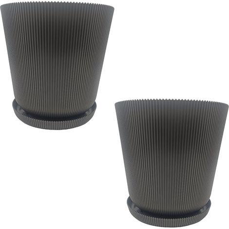 Relaxdays Vaso da fiori, set da 2, vaso con sottovaso, righe, HxD: 20 x 20 cm, vaso per piante, plastica, grigio scuro