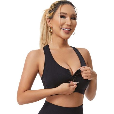 Soutien-gorge de sport femme avec fermeture éclair sur le devant - Sans armatures, en maille respirante et dos nageur - Yoga, fitness et course à pied - Noir - XXL (1/5)