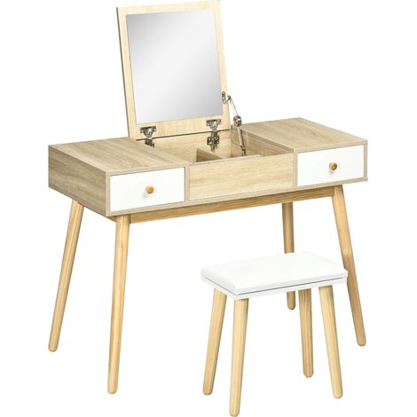 Ensemble coiffeuse avec tabouret scandinave PALOMA bois et blanc (1/5)