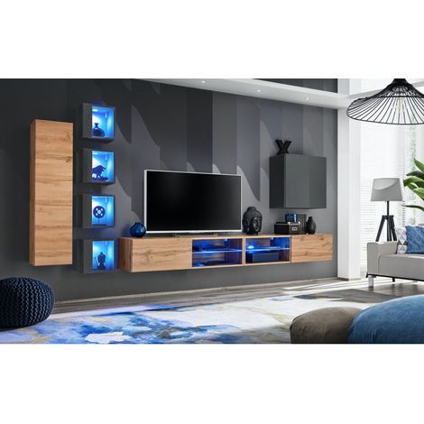 Ensemble meuble TV mural Switch XXVI - L 320 x P 40 x H 150 cm - Gris et marron - Livraison gratuite