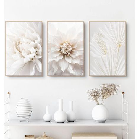 Set di 3 poster, immagini di rose bianche, stampe moderne su tela, senza cornice, decorazioni da parete. (1/5)