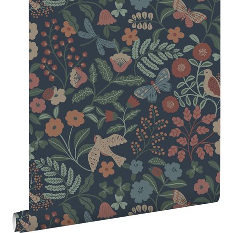 papier peint fleurs et oiseaux bleu foncé, rose et vert - ESTAhome (1/5)