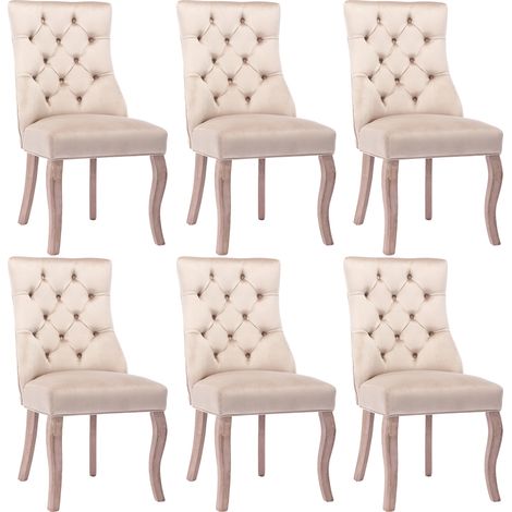 Chaise à 4 pieds, chaise de salle à manger en velours beige, dossier haut, capitonnage à boutons, structure en bois massif, beige (ensemble, 6 pièces) (1/5)