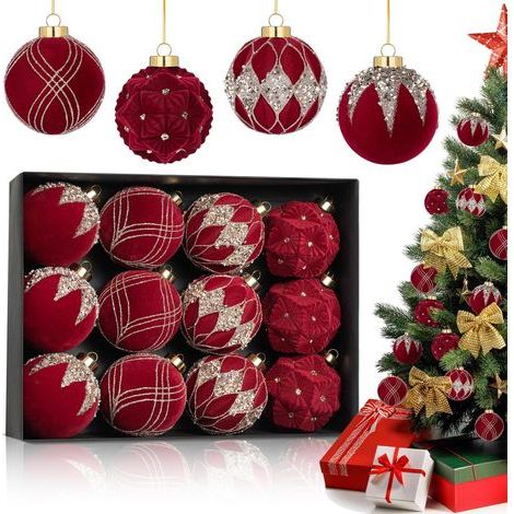 Lot de 12 boules de Noël en velours, décorations d'arbre de Noël – 80 mm/3,15", décorations de Noël à suspendre floquées vertes, boules de Noël en plastique incassable, vacances, mariages, fêtes (roug (1/5)
