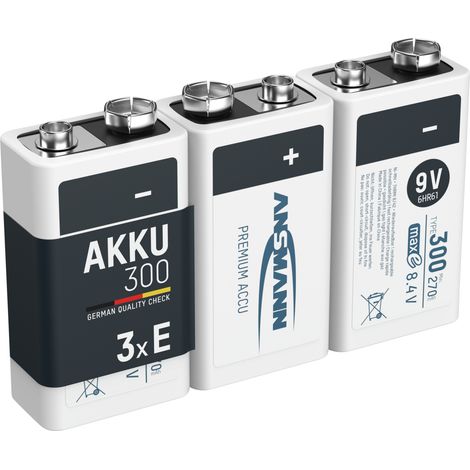 ANSMANN Akku 9V 300mAh E-Block NiMH 1,2V – 1000x wiederaufladbar (3 Stück)