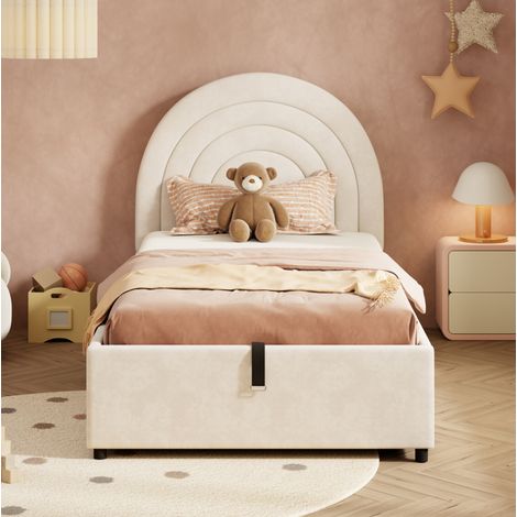 Bett für Kinder aus Samt in Beige 90x200 cm mit Kopfteil, Lattenrost und hydraulischem Stauraum (1/5)