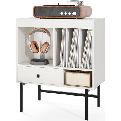 Table d'Appoint pour Platine Vinyle 70 x 36 x 80 cm, avec Compartiments Ouverts, Porte-Album & Tiroir, Support pour Tourne-Disque, Blanc (1/5)