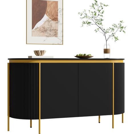 Pour Salon et Entrée Meuble de Rangement Buffet 4 Portes Passe-Câble Design Ovale Lignes Cannelées Pieds Métal (1/5)