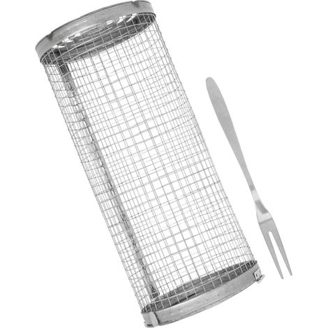 Panier à griller roulant en acier inoxydable à grille ouverte, cylindrique, pour poisson, légumes et frites. (1/5)